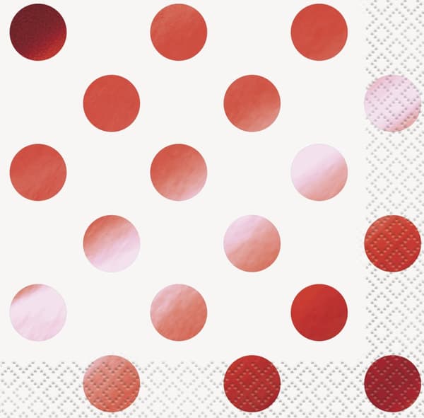 Sett med 16 Cocktail Servietter med Metalliske Røde Polka Prikker - Red Foil Programme