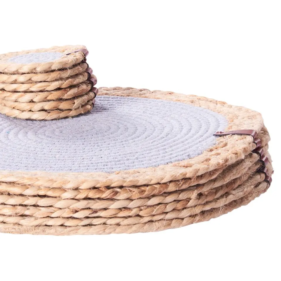 ROSELLA - Set 12 placemats en onderzetters - Grijs/Natuurlijk - Jute
