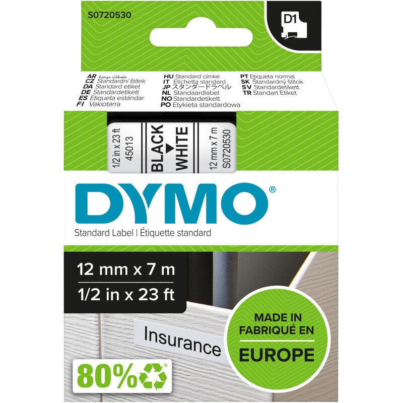 Ruban polyester Dymo D1 12 mm S0720540 fond blanc