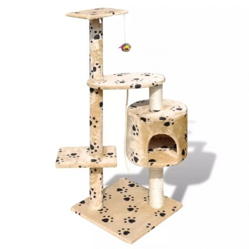 Arranhador bege para gatos com pegadas de patas.