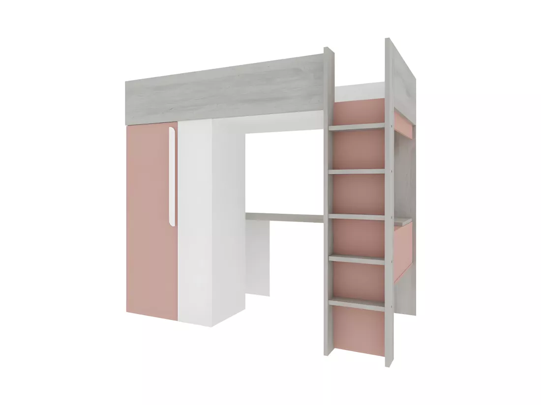 Lit mezzanine 90 x 200 cm avec armoire et bureau - Rose et blanc - NICOLAS
