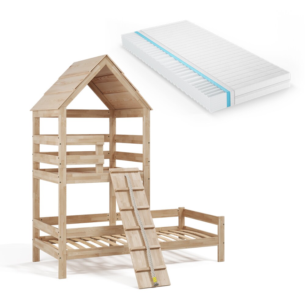 VitaliSpa Kinderbett Teddy 90x200cm mit Matratze Spielbett Jugendbett Spielturm Natur