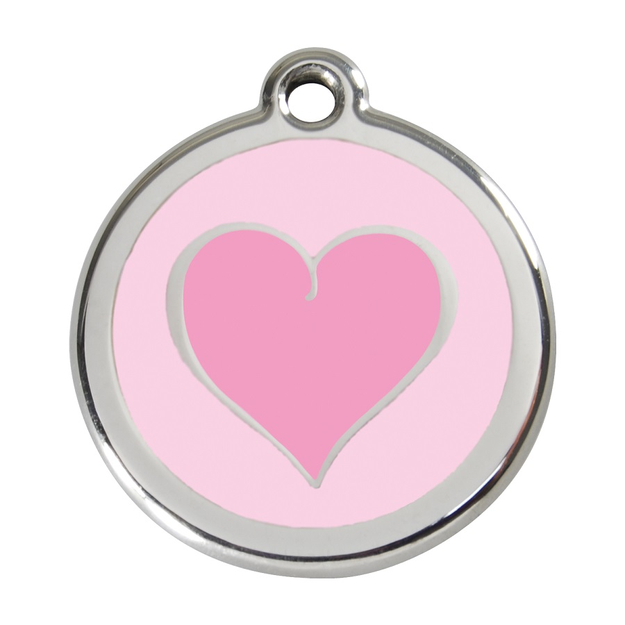 Placa de identificação para cães em aço inoxidável esmaltado com coração rosa