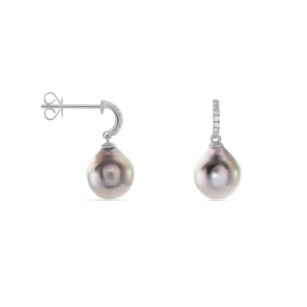 Boucles D'oreilles Puces Gatiene Or Blanc Perle De Culture Et Diamant