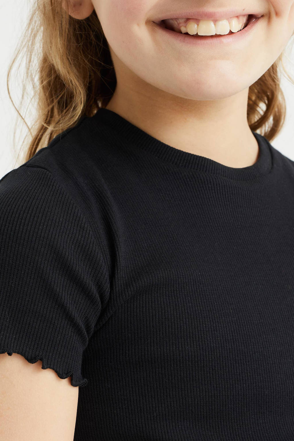WE Fashion ribgebreid T-shirt met borduursels zwart