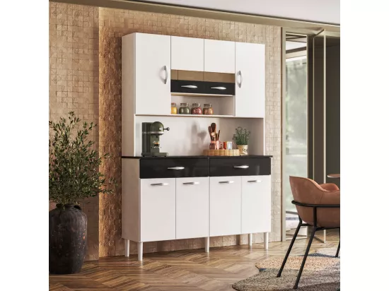 Buffet 8 Portes 2 Tiroirs 9 Niches Blanc et Noir Vogue L 122.5 H 176 P 36.3 cm