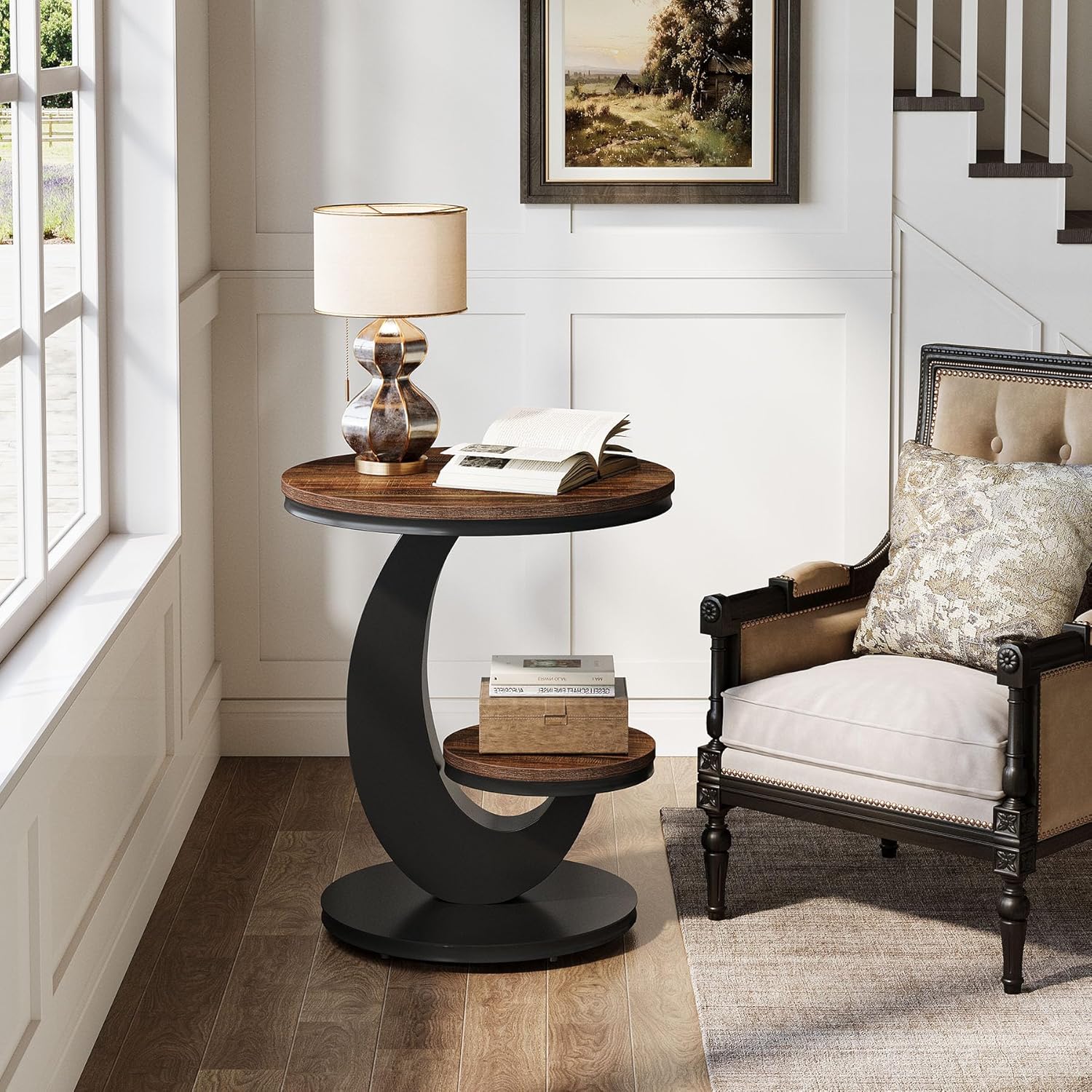 Tribesigns Beistelltisch rund, 2-Tier Schmal Couchtisch, Sofatisch Nachttisch mit Holz-Metall-Bogengestell, Industrie-Design für kleine Räume, Wohnzimmer, Schlafzimmer, Braun (1 Stück)