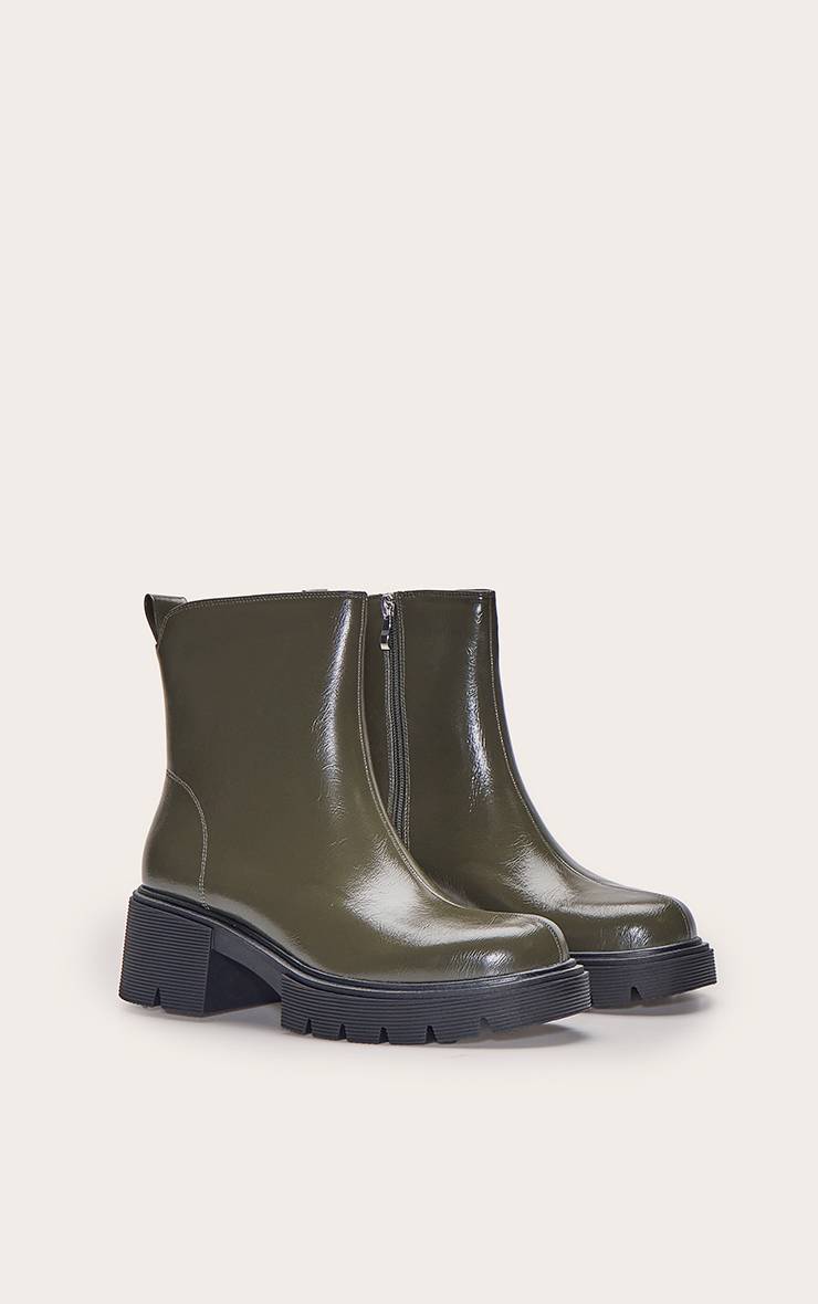 Vert Olive Bottine À Semelle Crantée Épaisse Et Cheville Échancrée