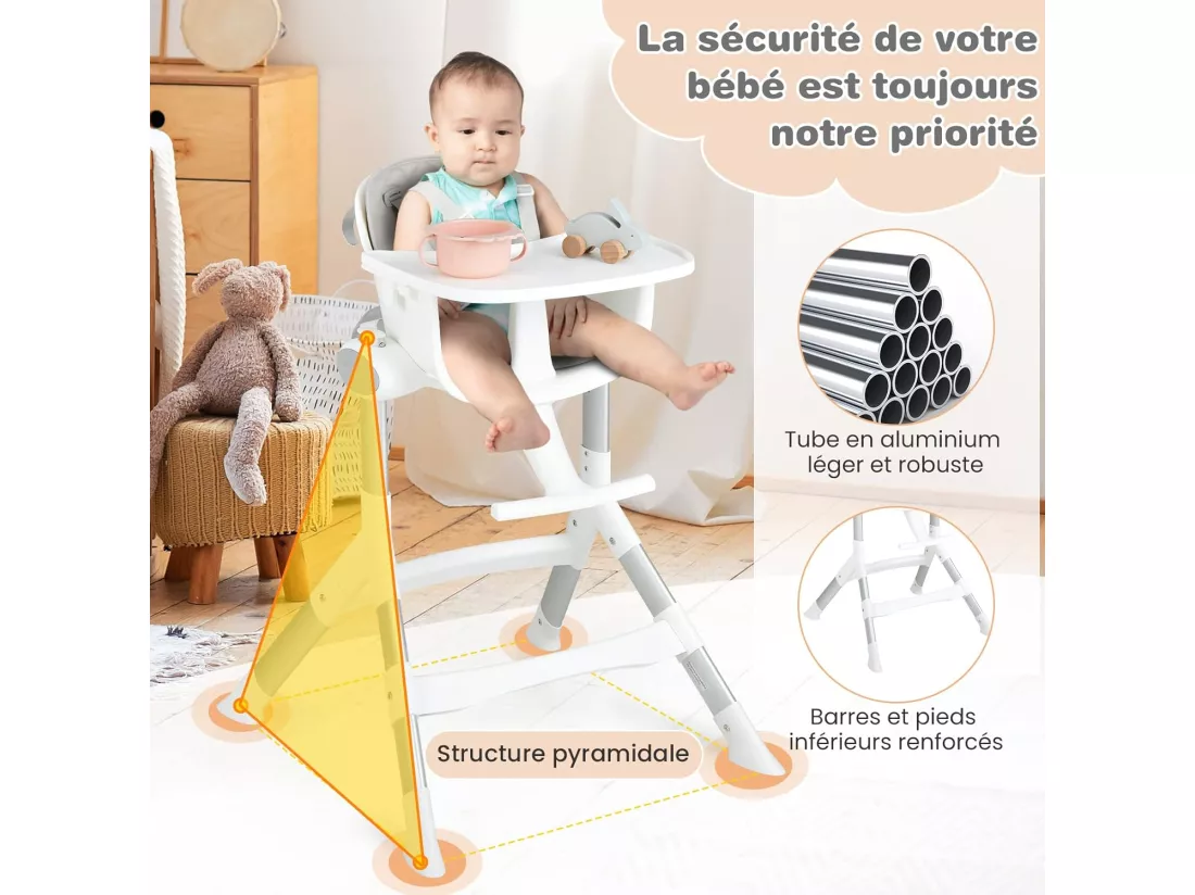 4-en-1 Chaise Haute Bébé Convertible avec Hauteur Réglable à 5 Positions, Chaise de Repos Evolutive avec Plateau Réglable, Coussin de Siège Amovible, Charge 15KG, 6-36 Mois (Gris)
