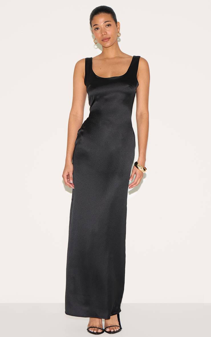 Noir Robe Longue En Satin À Encolure Ronde