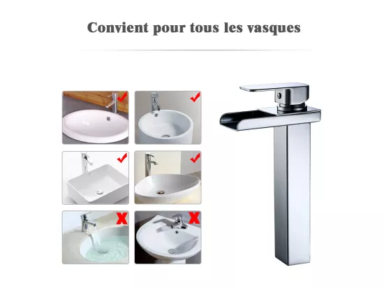 Robinet Salle de Bain Cascade Haut Mitigeur pour Vasque Chromé Robinet Design Moderne Corps en Acier Inox