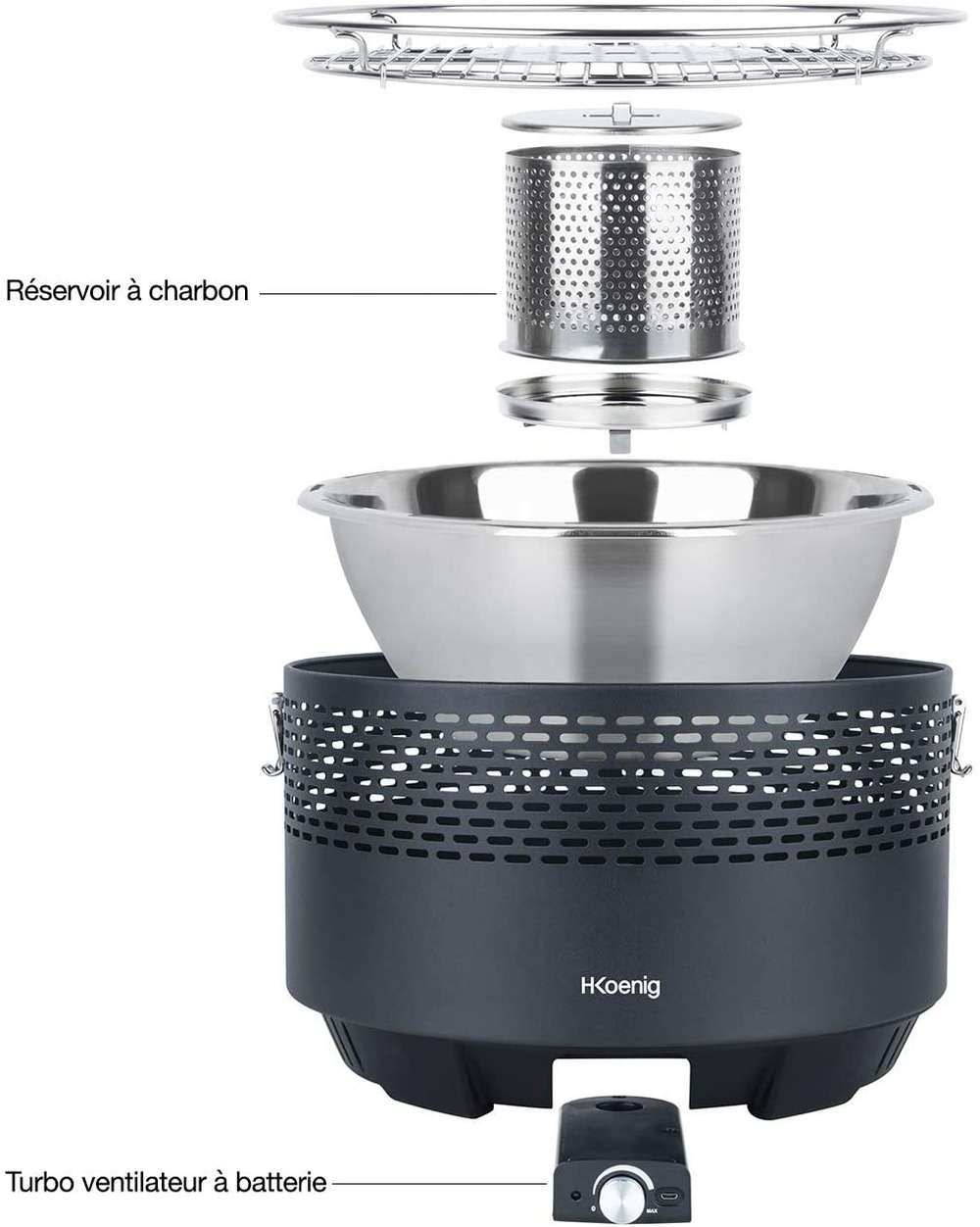 H.koenig rio440 barbecue portable au charbon de bois, barbecue de table rond, vitesse réglable,grille en acier inoxydable,sans fumée