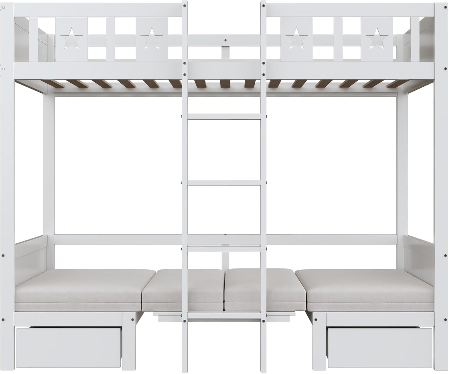 Platzsparendes Etagenbett für Kinder, Hochbett mit Flexibler Tisch und Holzsofa, Kinderbett mit Treppe und 2 Schubladen, 90x200cm Funktionsbett Stockbett Hochbett Jugendhochbett, Weiß, Ohne Matratze