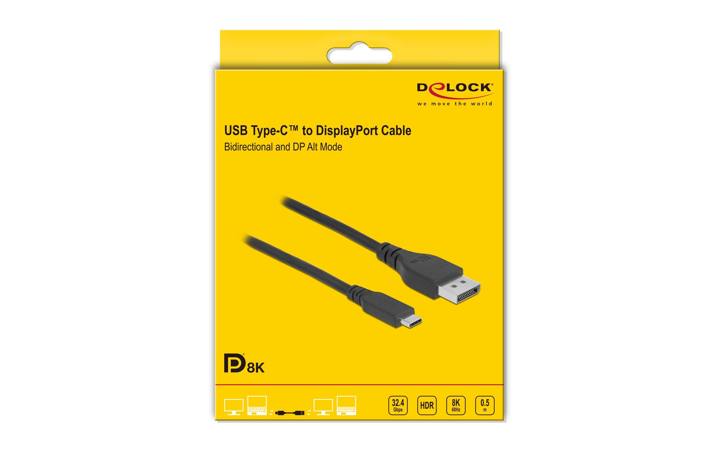 Kabel Bidirectional, 8K 60Hz USB Type-C - DisplayPort, 0.5 mDelock Bidirektionales USB Type-C zu DisplayPort Kabel (DP Alt Mode) 8K 60 Hz 0.5 m DP 8K zertifiziert