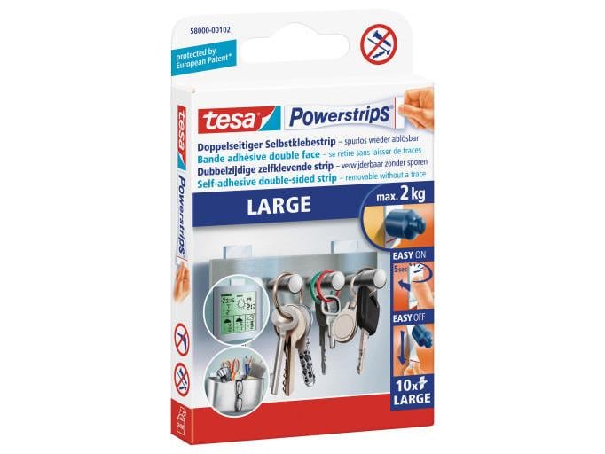tesa Selbstklebestrip Powerstrips LARGE 10 Stück, Weiss, 2 Doppelseitige Selbstklebestrips, 10 Stück