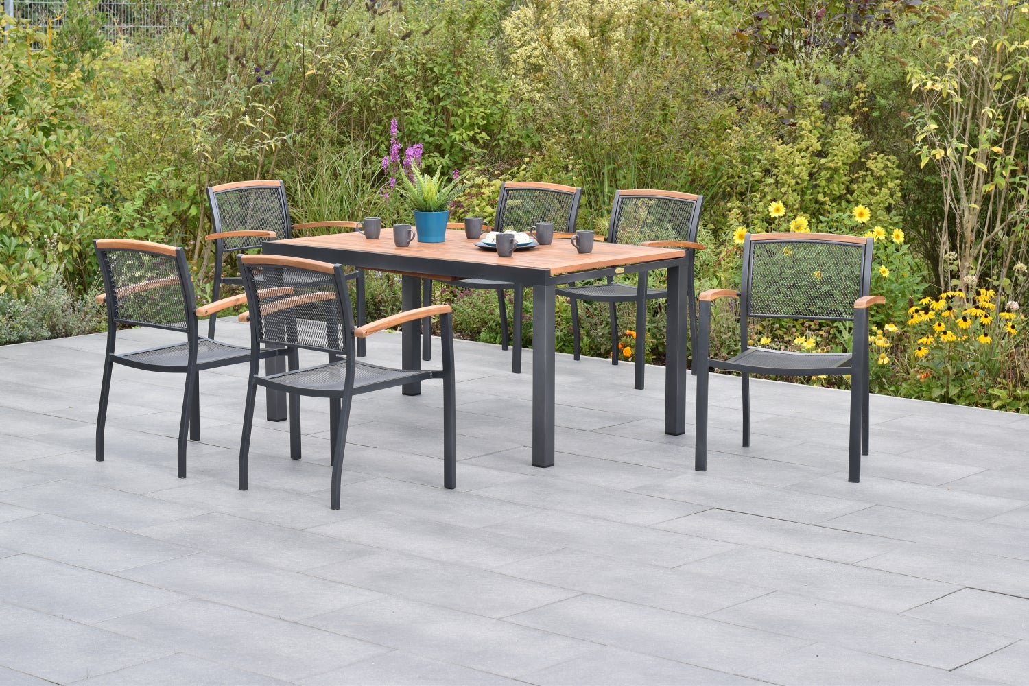 Tilos 7-delige tuinmeubelset, stapelbare stoelen, uitschuifbare tafel 150 (200) x 90 cm