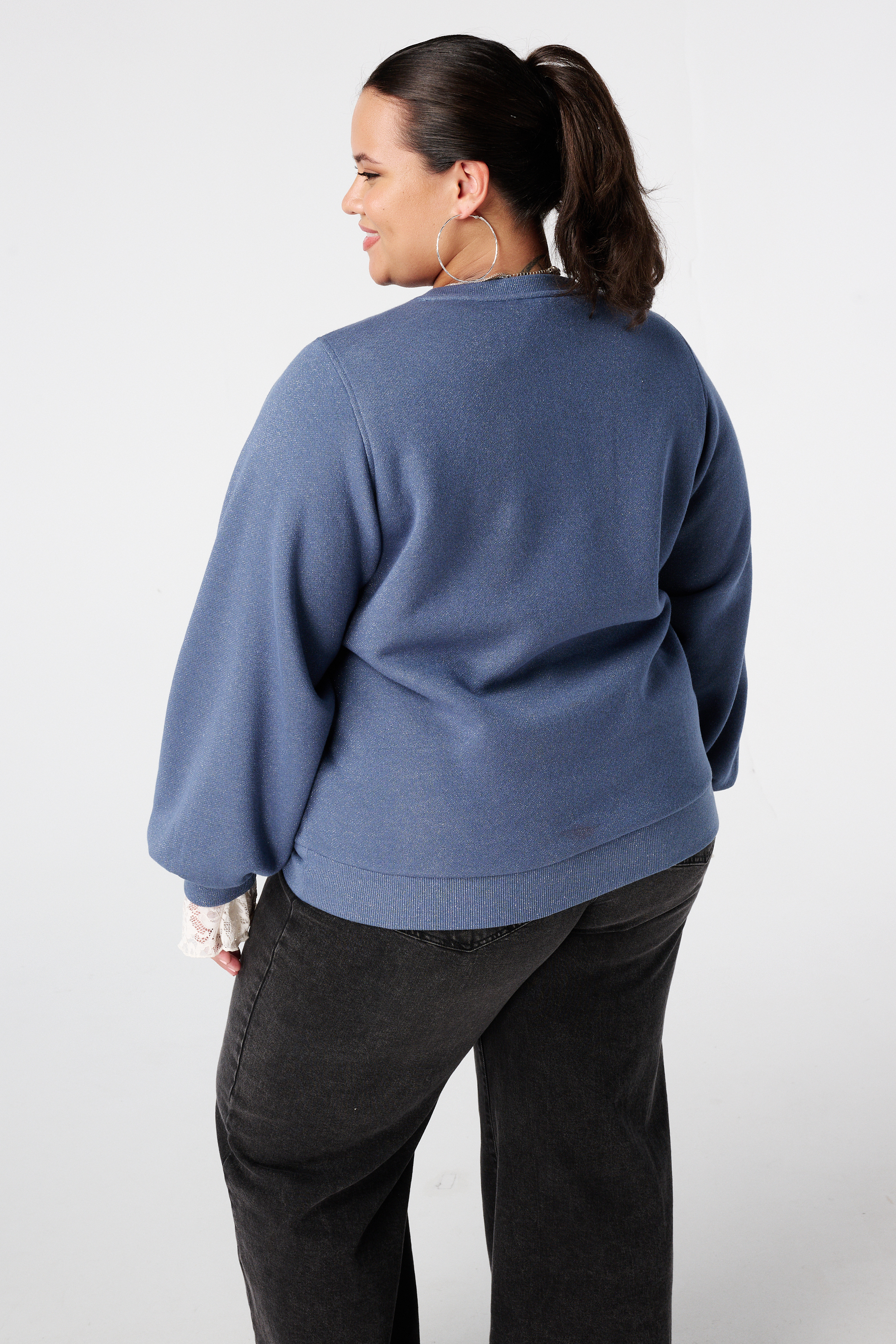 Sweater met lurex en glitter tekst Midden blauw