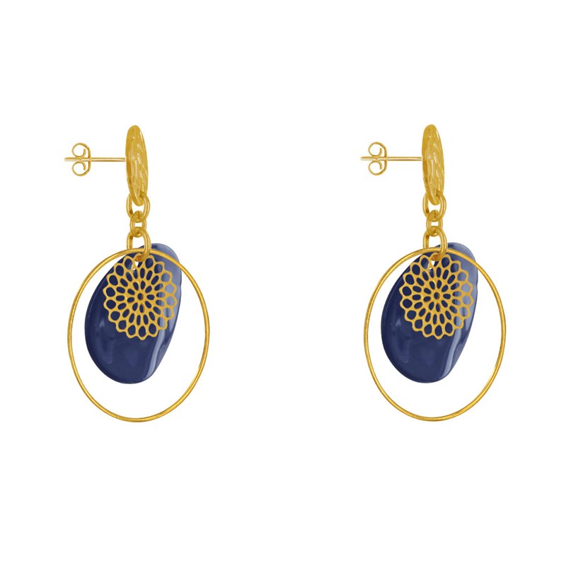 Boucles d'Oreilles Clous Métal Doré Cercle et Pastille de Nacre