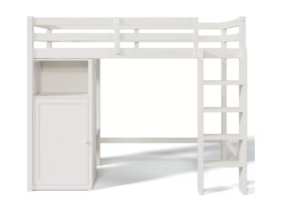 Lit mezzanine 90x200 cm en bois de pin - avec armoire et étagères - Blanc