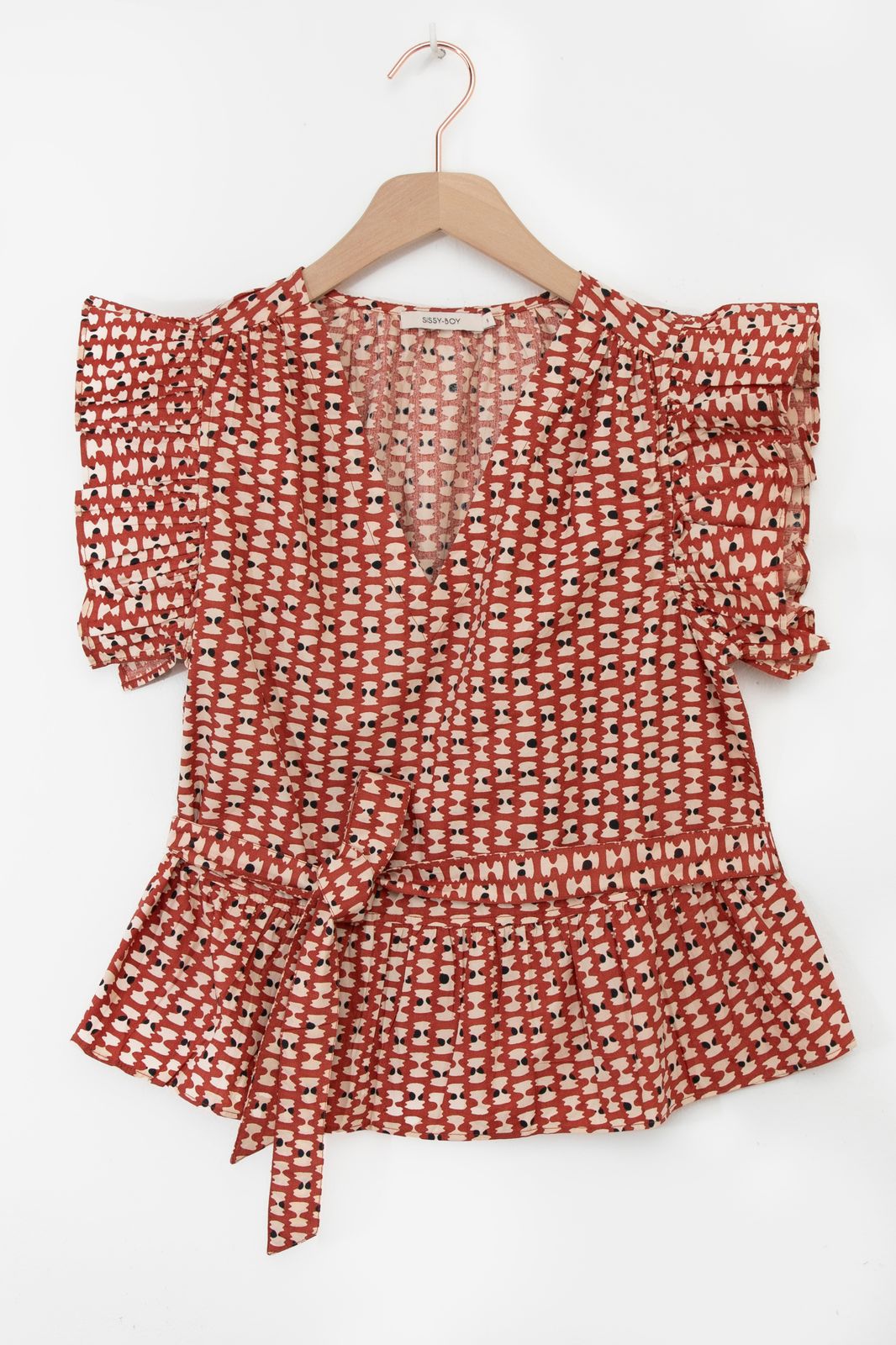Rode blouse met print en ruffle mouwen
