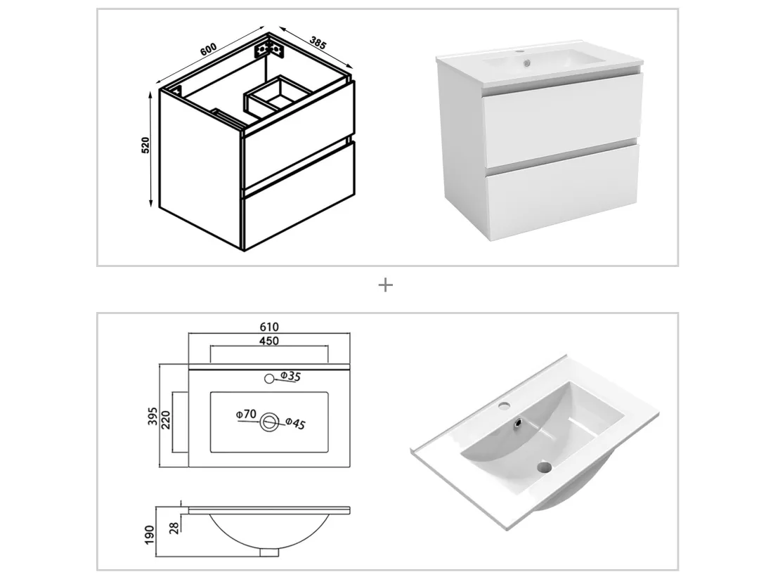 Ensemble meuble Salle de Bain 60cm Blanc simple vasque + miroir lumineux rond