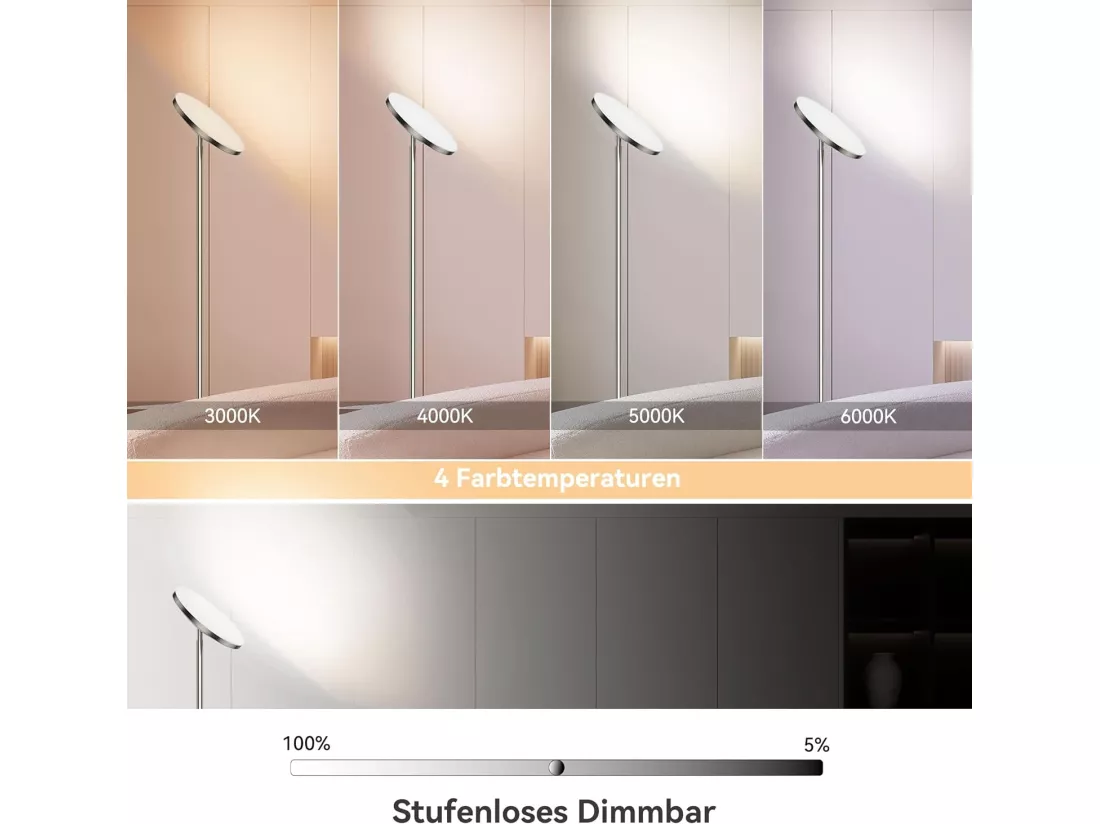 30W Lampadaire LED Dimmable Nickel,3330lm Lampadaires sur pied Salon avec Télécommande & Contrôle tactile,3000-6000K,1H Timer,pour Chambre Bureau