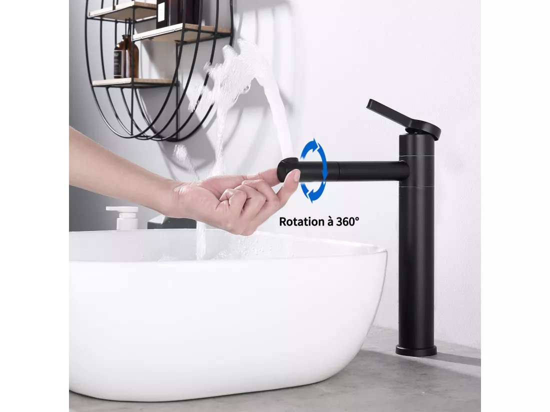 Noir Robinet Salle de Bain Mitigeur pour Vasque Haut Bec Pivotant 360° Robinetterie de Lavabo en Acier Inox Design Moderne