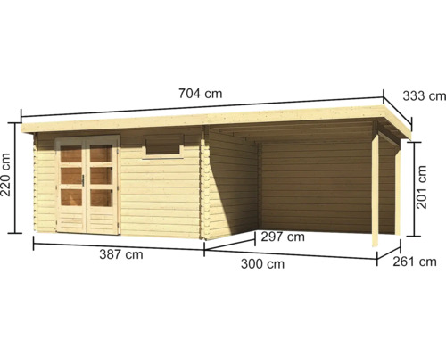 Karibu Noorvik 8 tuinhuis inclusief 3m verlengdak, 704 x 333cm achterwand, natuurlijke afwerking