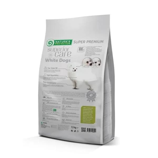 Nature's Protection Superior Care Hvite hunder Kornfrie Hvitfisk Junior Små- og Miniraser 1,5 kg, tørt kornfritt fôr for unge hunder med hvit pels av