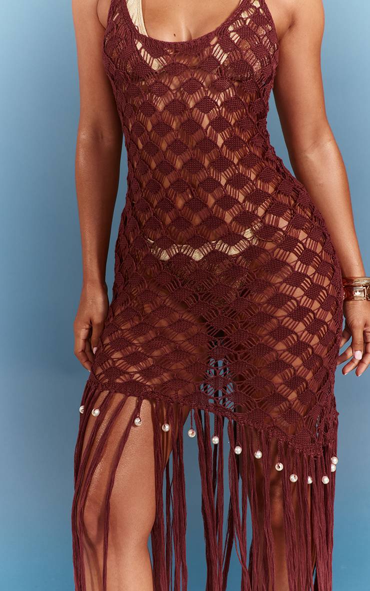 Rouge Robe Longue De Plage En Crochet À Franges Profondes