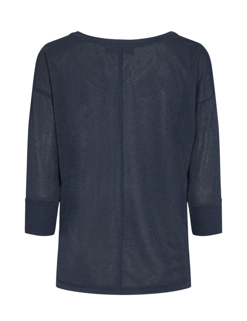 MOS MOSH TOP FEMME KIARA MANCHES MAILLE LUREX 3/4 SALUTE NAVY