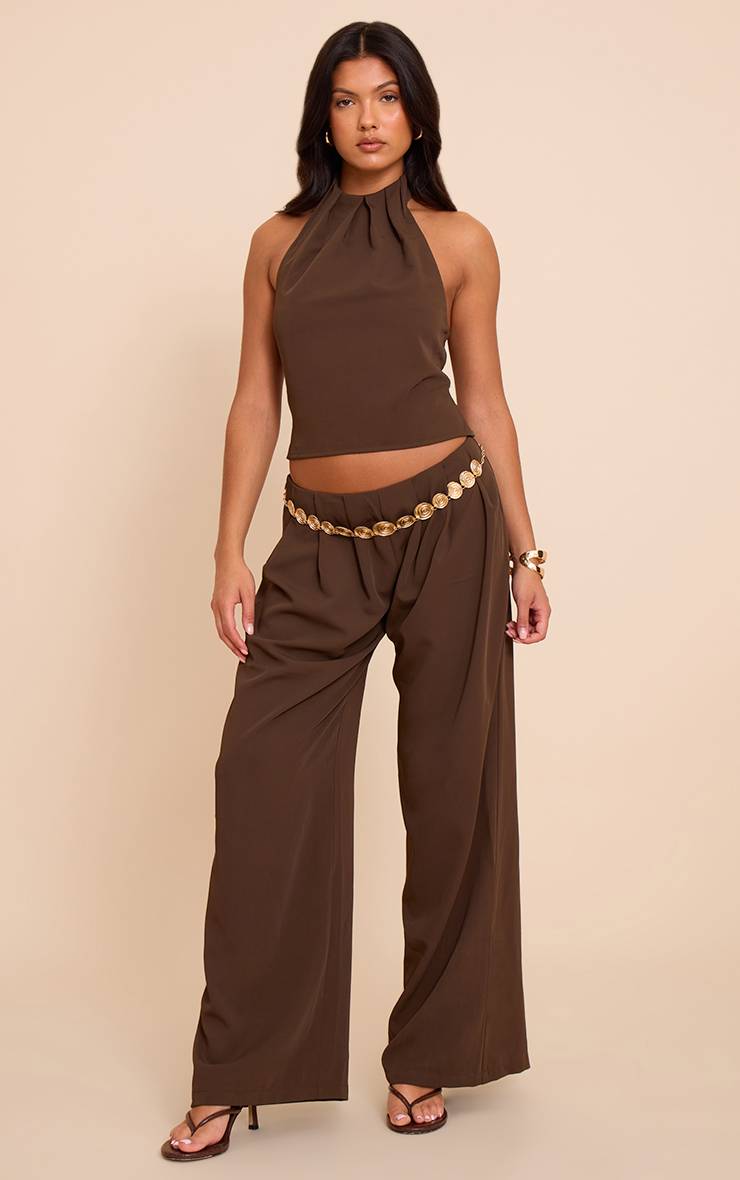 Marron Foncé Pantalon Large Taille Basse Plissé En Tissu Tissé