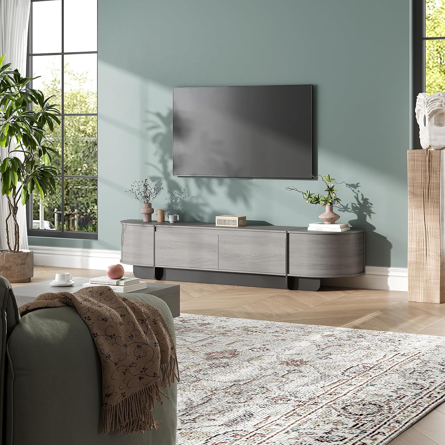 180 cm TV-Schrank für 50-70 Zoll, Langer Fernsehtisch mit Schubladen, Modernes TV-Lowboard mit großem Stauraum, Medienregal mit abgerundeten Kanten für Wohnzimmer & Schlafzimmer (Grau)