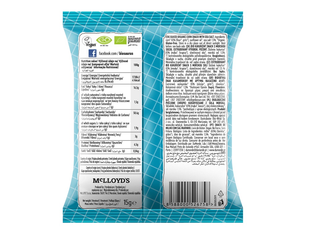SNACK BIOSAURUSSAL MILHO NO FORNO MARINHO BIO 15G