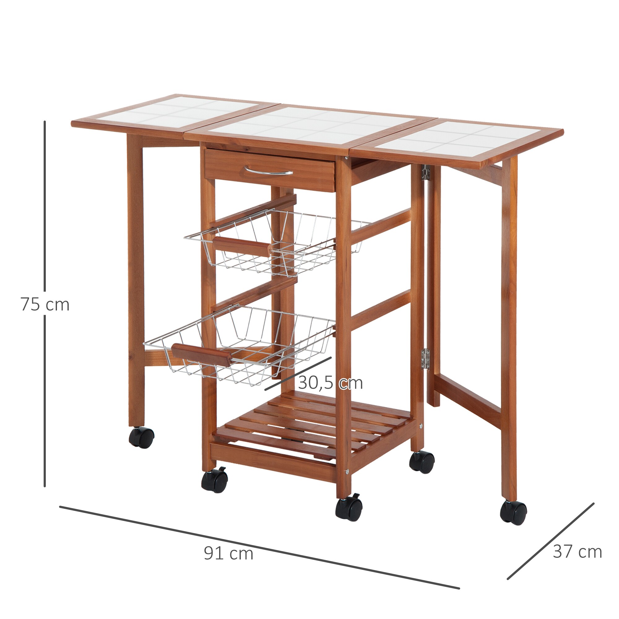 HOMCOM Servierwagen mit Schubladen natur 92 x 37 x 75 cm (LxBxH)