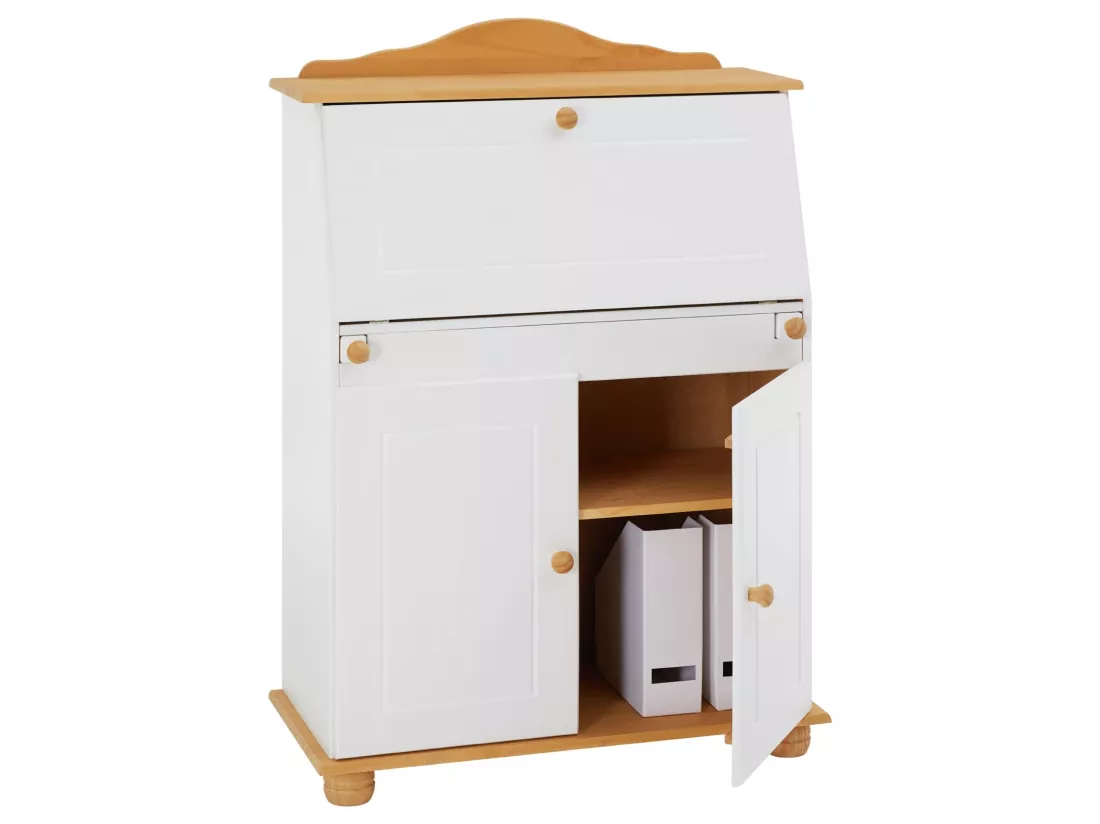 Bureau secrétaire DAVID avec abattant rangement plusieurs étagères 2 portes plan de travail rabattable, en pin massif blanc et brun