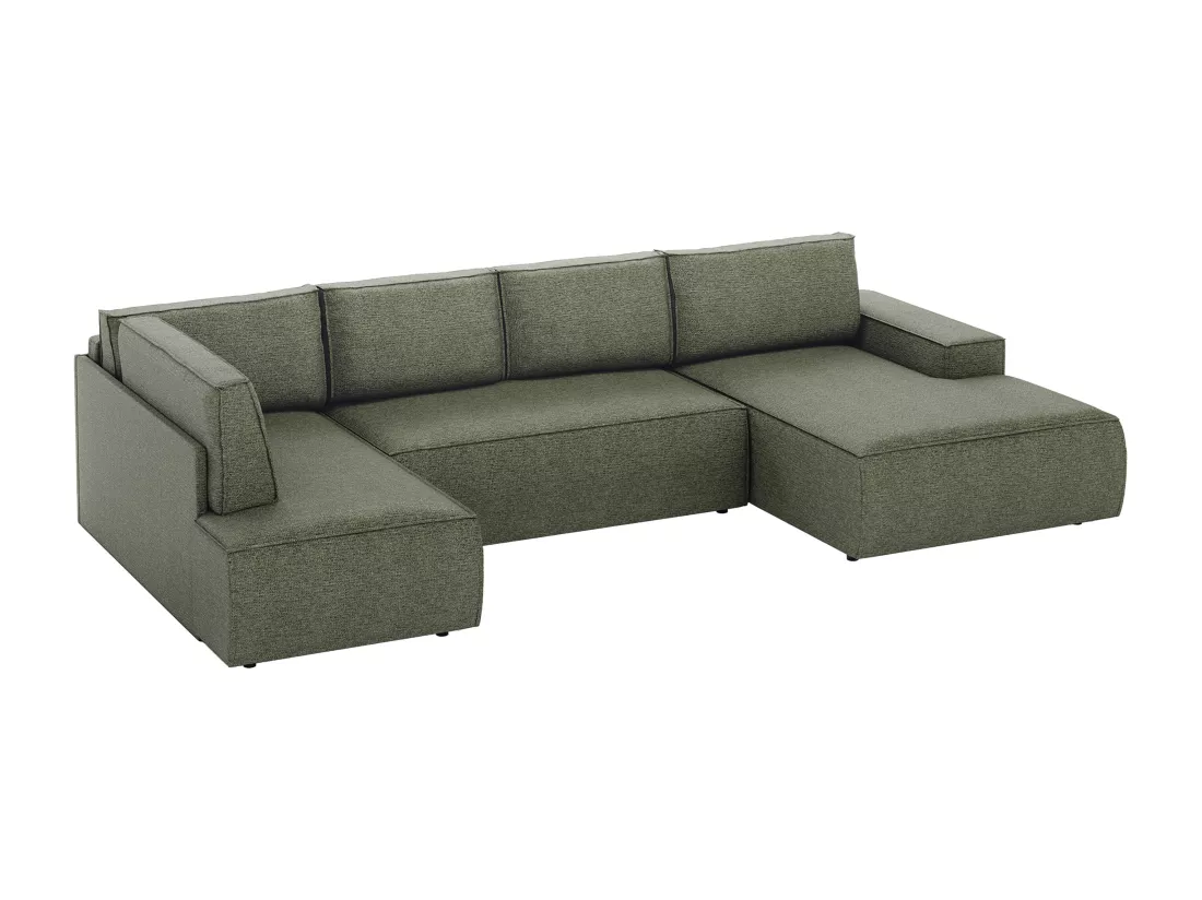 Grand canapé d'angle droit panoramique convertible en tissu texturé vert AMELIA