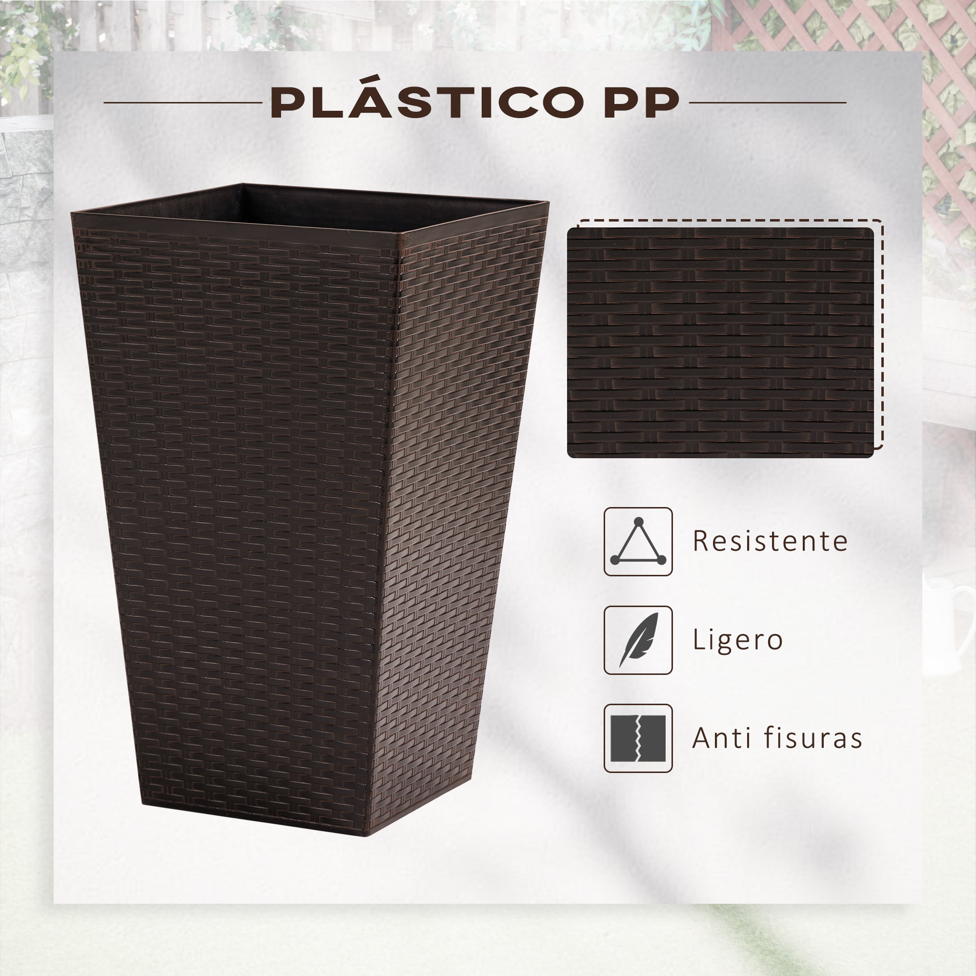 Conjunto Outsunny de 3 vasos quadrados para plantas e flores, com efeito rattan, ideais para jardim, pátio, uso interno e externo, 36,5 x 36,5 x 61 cm, marrom.