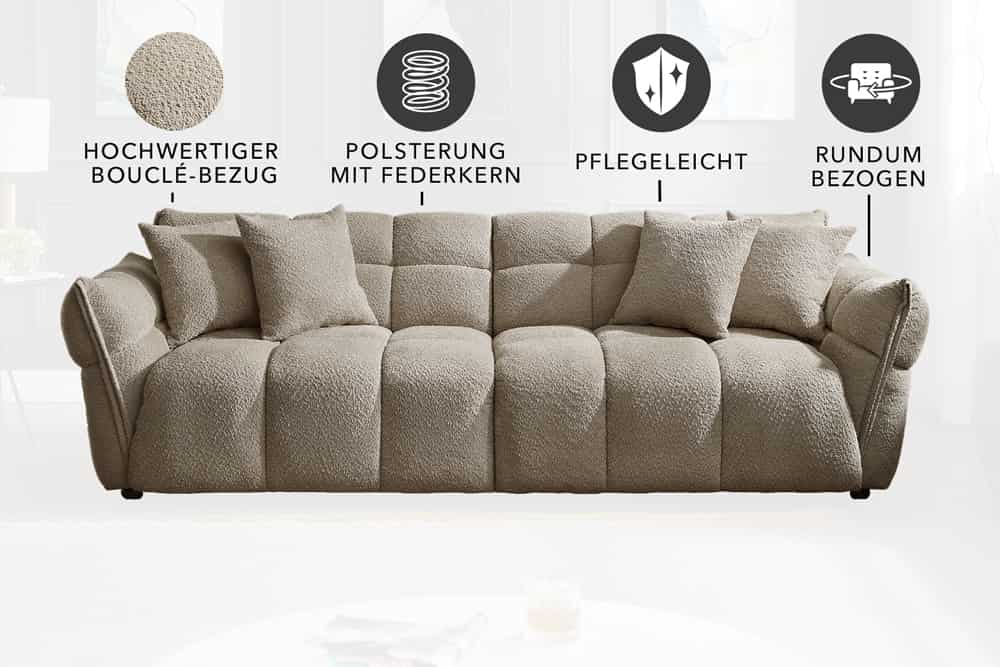 Modernes XXL Sofa CLOUD 260cm champagner greige Bouclé Bigsofa Federkern inkl. Kissen