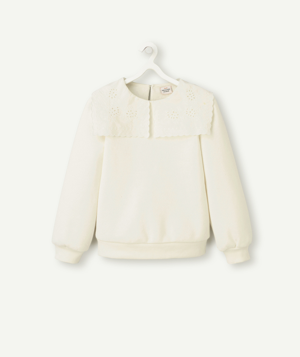 SWEAT FILLE EN FIBRES RECYCLÉES ÉCRU AVEC MAXI COL BRODÉ