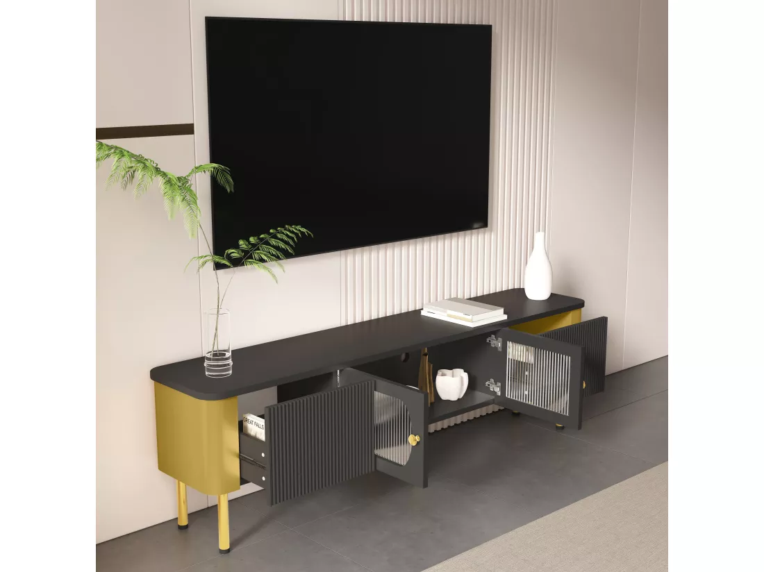 Meuble TV avec 2 portes et 2 tiroirs - 170 x 34 x 50 cm - Bois MDF - poignées et pieds dorés - Noir