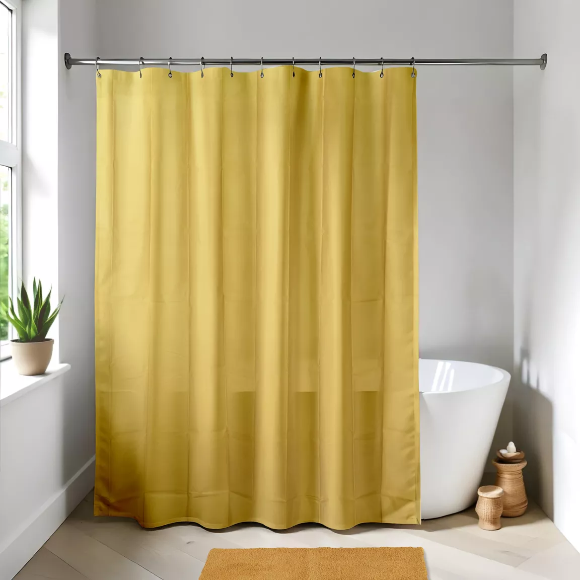 Rideau de douche à anneaux (180 x 200 cm) Uni Jaune moutarde