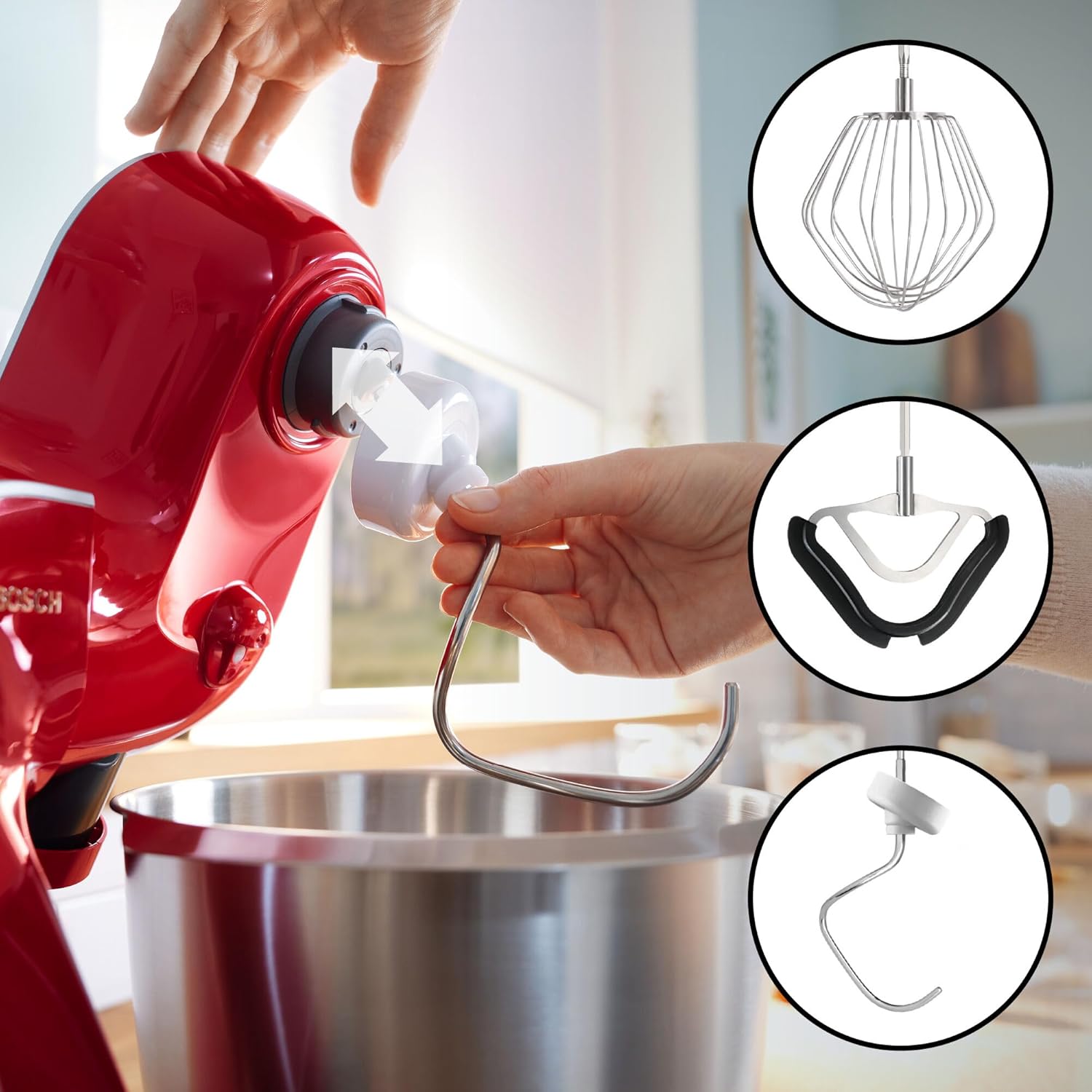Bosch Küchenmaschine Serie 4, integrierte Waage, Edelstahl-Schüssel 3,9 L, Mixer 1,25 L, Kunststoff-Schüssel, spülmaschinenfest, 3x Rührelemente, Durchlaufschnitzler, 1000 W, Dunkelrot, MUM5X734