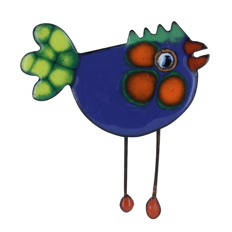 Broche Poule Émaillée Bleue Queue à Pois