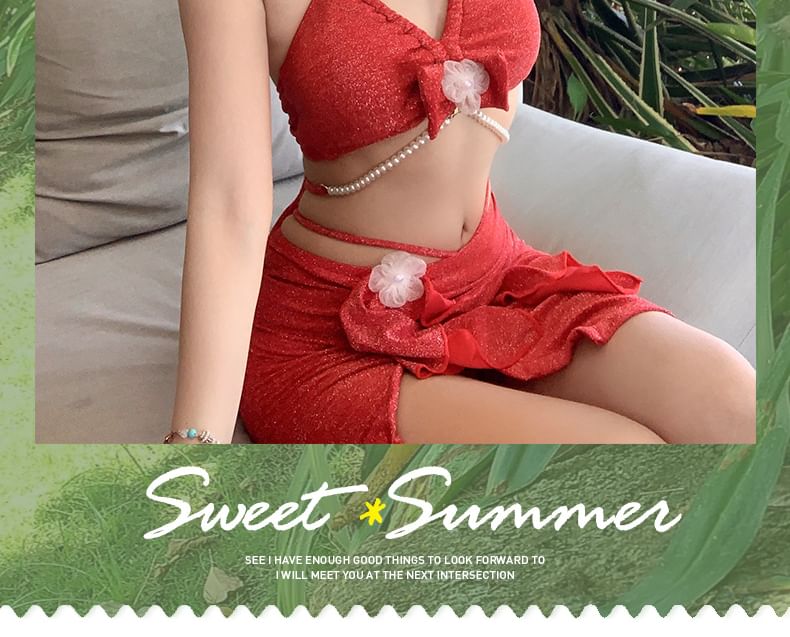 rongira - Set: Halter bloemenaccent bikinitop + broekje + bedekkende rok