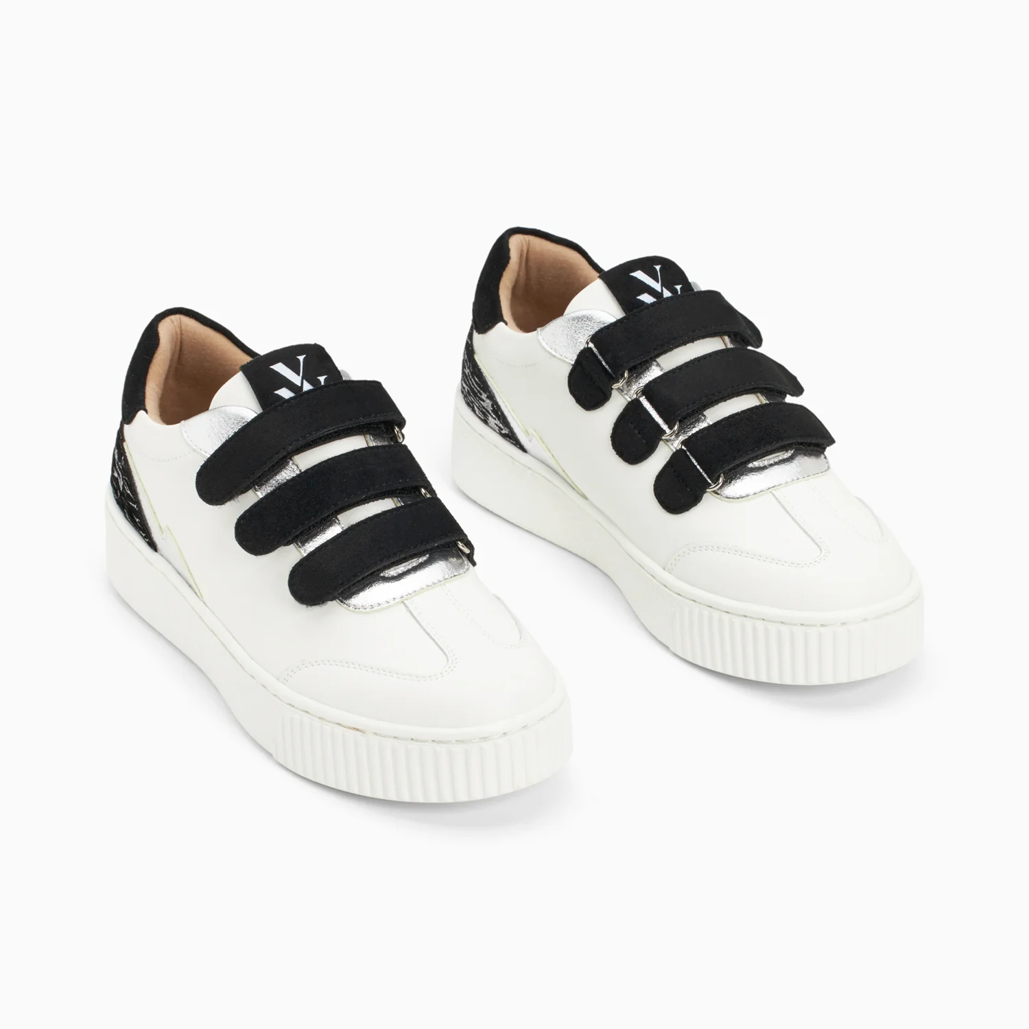 Sneakers-Baskets Nahia blanc et argent à scratchs noirs