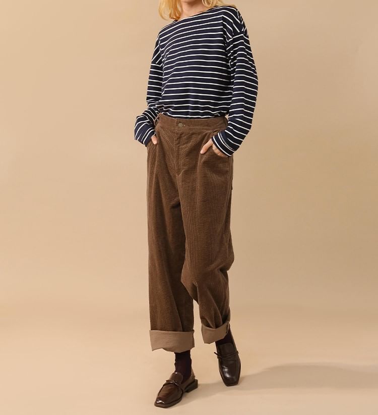 lolliert - Mid Rise Plain Corduroy Loose Fit Pants
