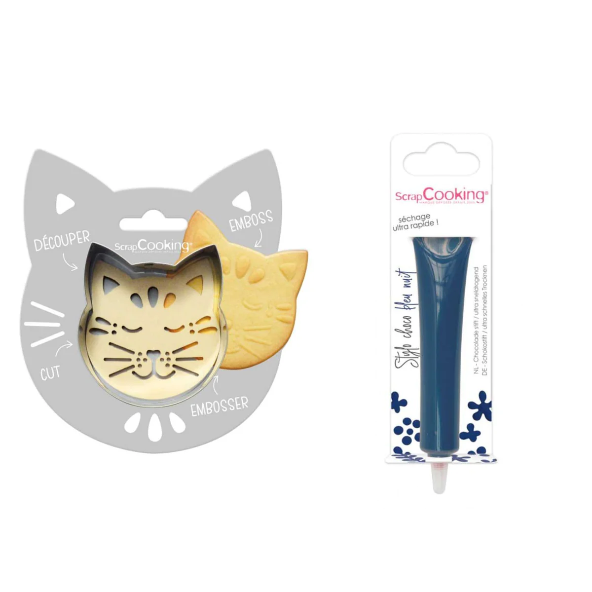 Kit pour biscuit en relief Chat + Stylo au chocolat bleu nuit Scrapcoo