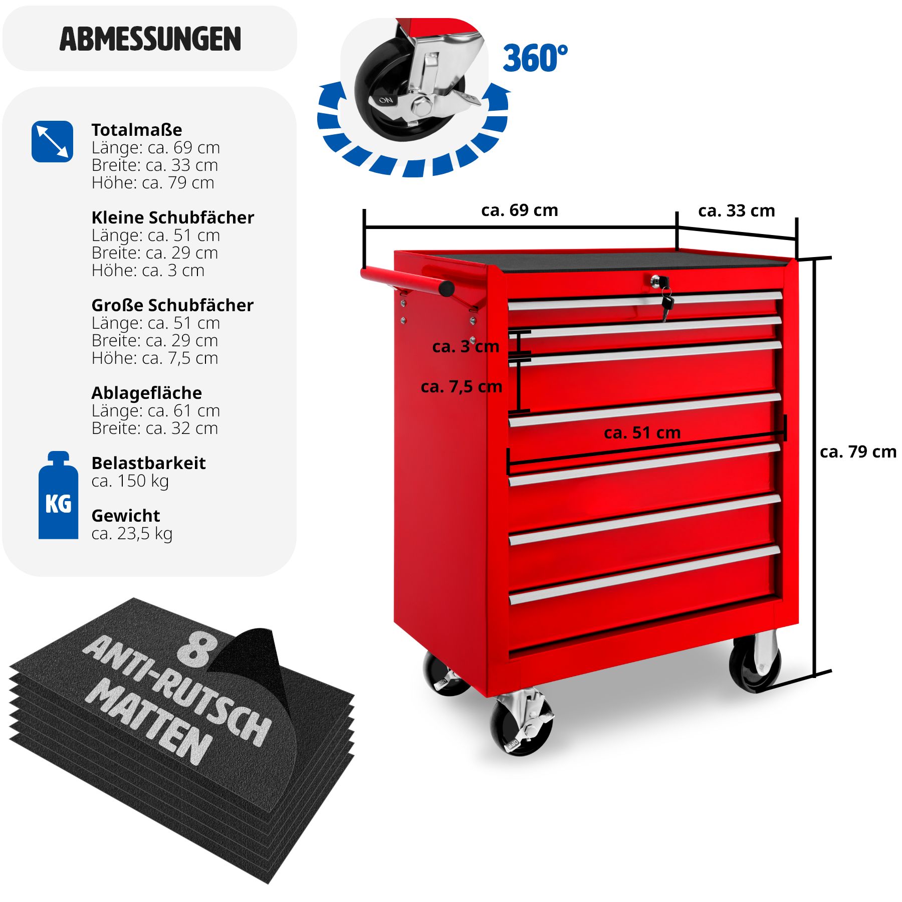 tectake® Werkzeugwagen, 7 kugelgelagerte Schubladen mit Antirutschmatten, zentrale Sicherheitsverriegelung, Rollen Ø 100 mm
