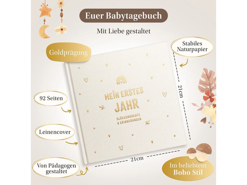 Eulentaler Babyalbum Gold Leinen, 92 Seiten Liebevoller Erinnerungsschatz fürs erste Babyjahr